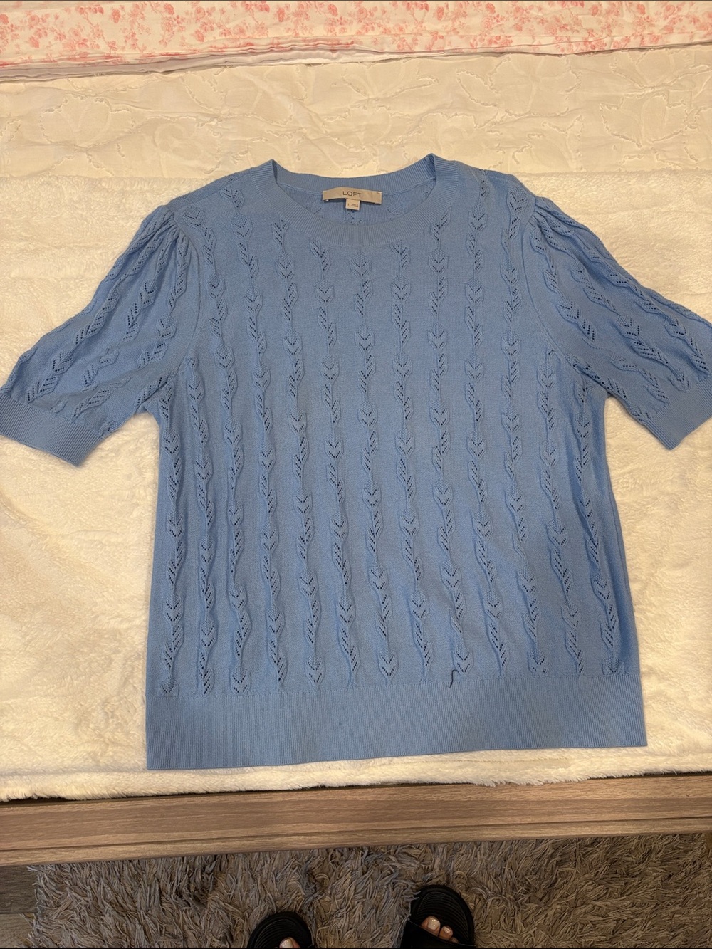 LOFT Perforated Light Blue Short Sleeve Pullover L